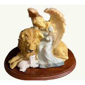 Angel and Lion Figurine With Lamb - Hand-Painted Resin Statue On Wood Base
